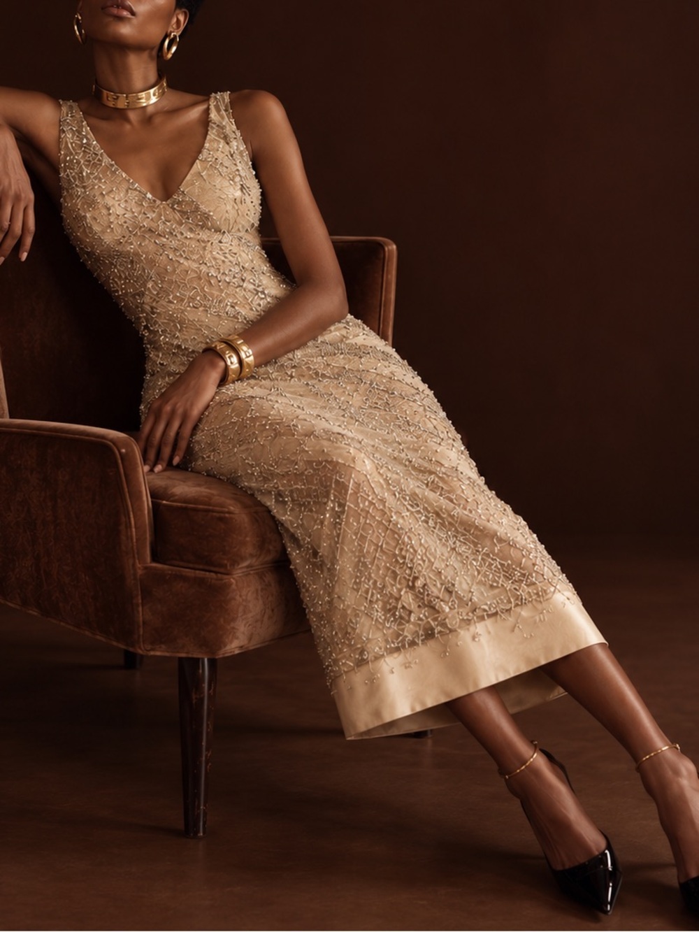 Alberto Makali Champagne Beaded V-Neck Midi Dress